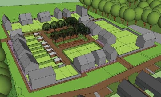 drawing of houses with gardens, streets and trees