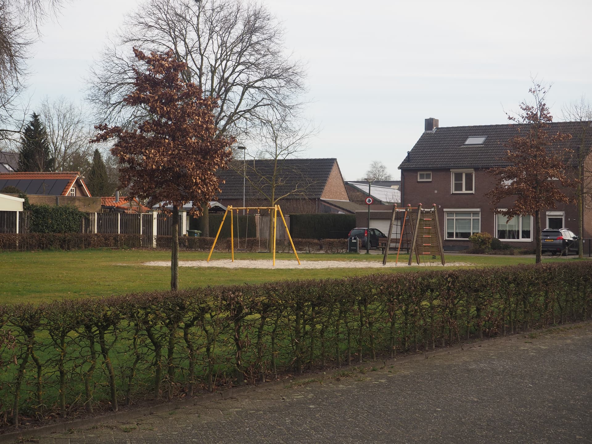 Enlarged image: a hedge with a swing and climbing frame behind it. In the background are houses.