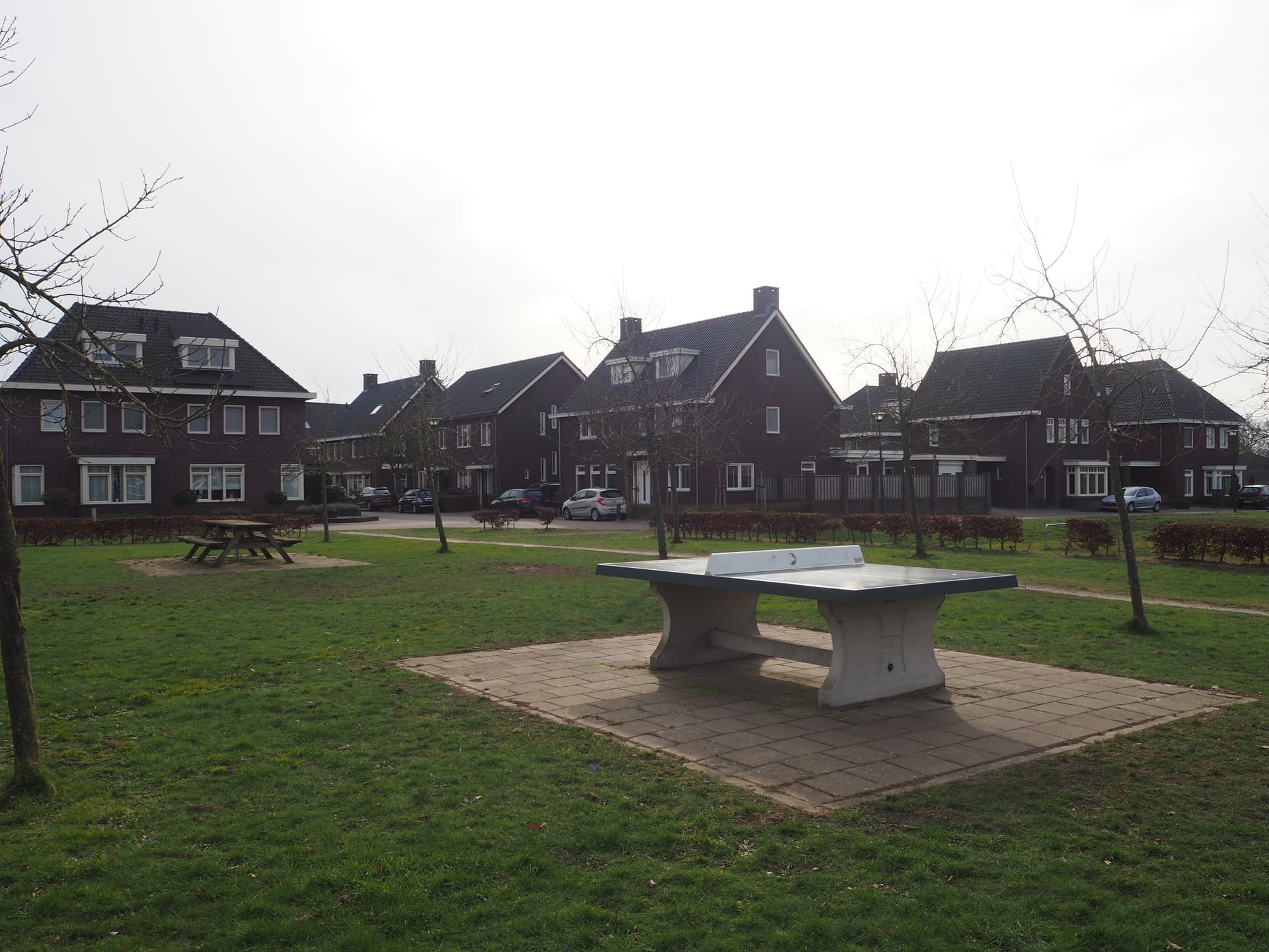 Enlarge image: a picnic bench and table tennis table with homes in the background