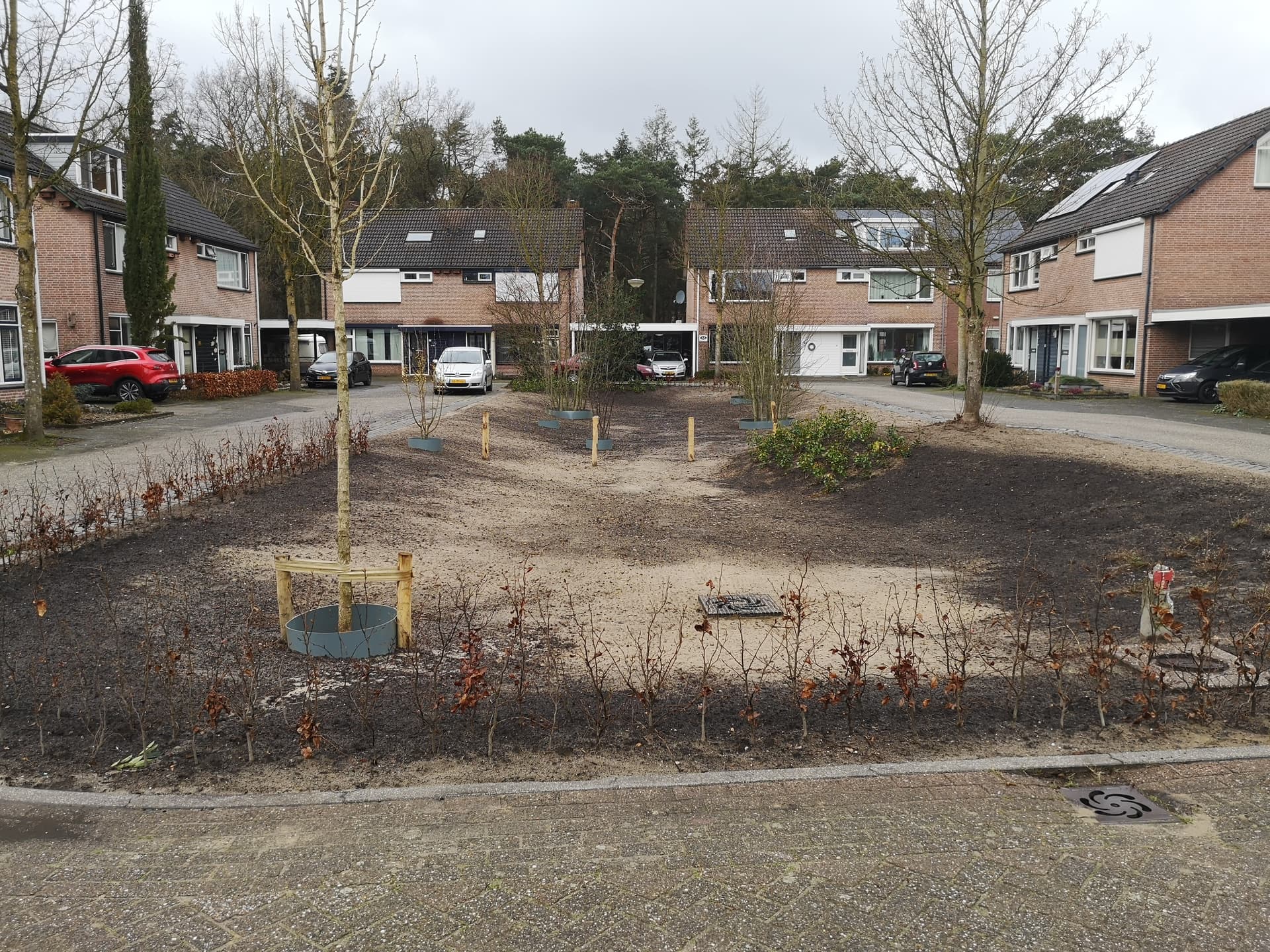 houses around a flowerbed with sand and trees